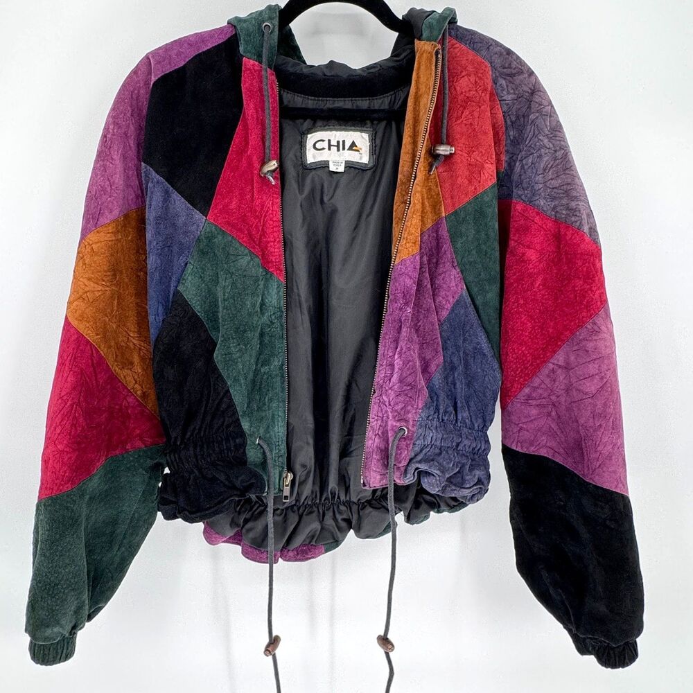 Vintage CHIA Colorblock Leather Suede Jacket 1980s Cropped Patchwork Hooded Coat